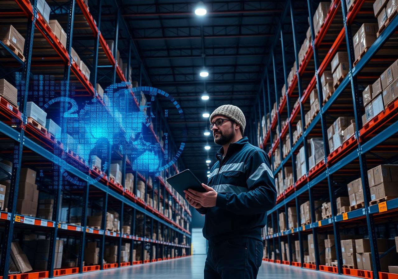 Modern distribution warehouse with digital inventory overlays