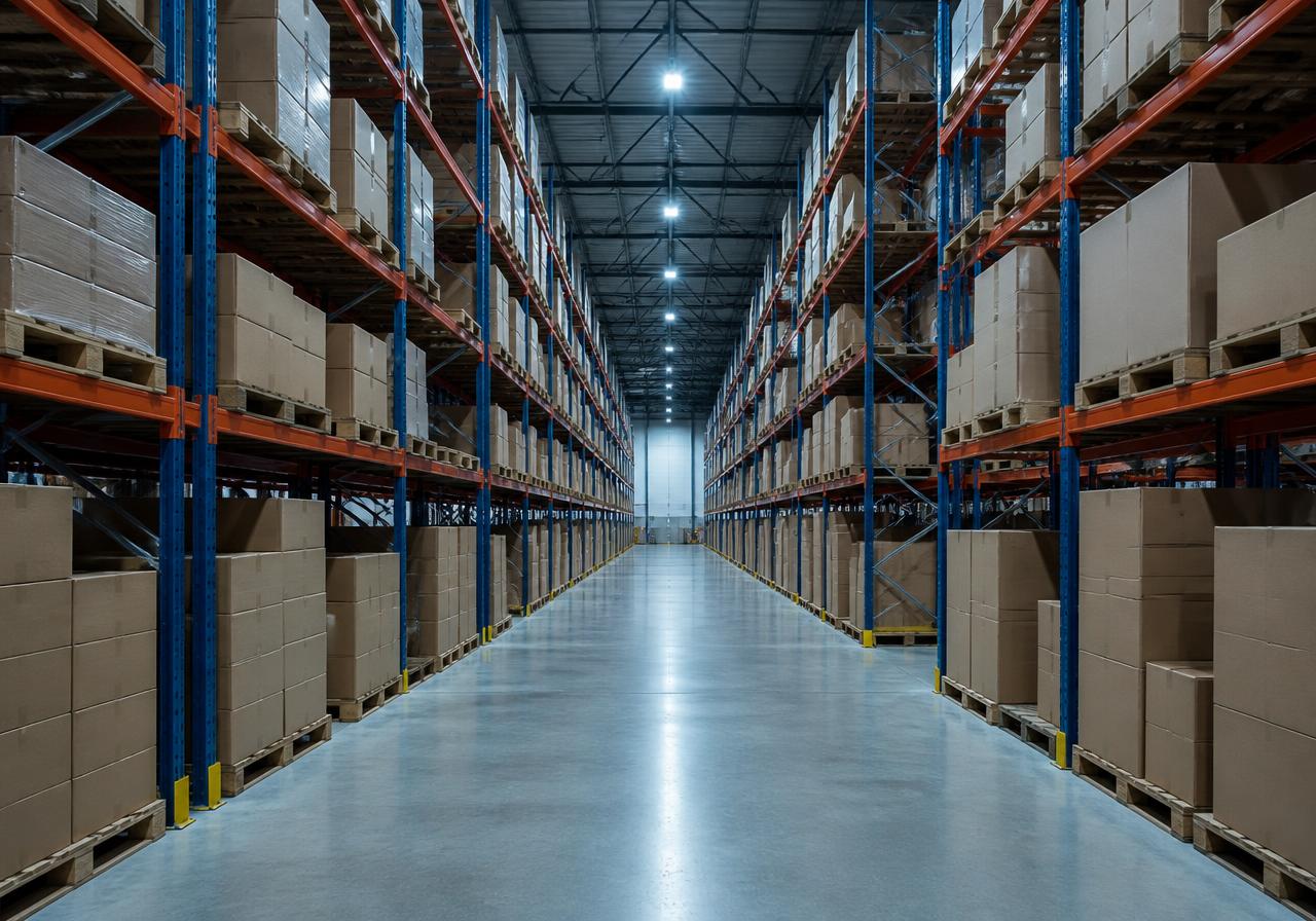 Depósito de distribución moderno con capas digitales de inventario