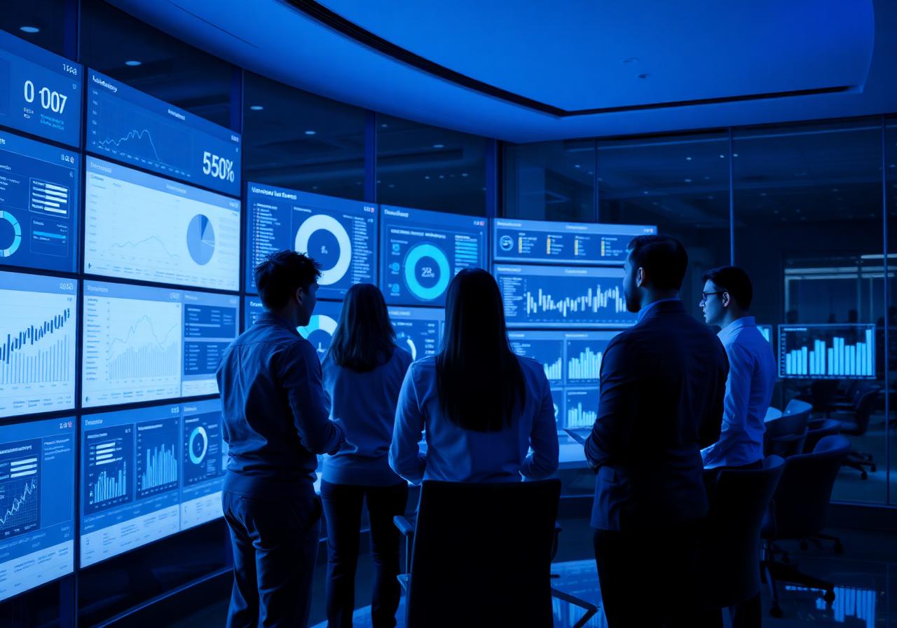 Enterprise team reviewing AI-driven analytics on large displays